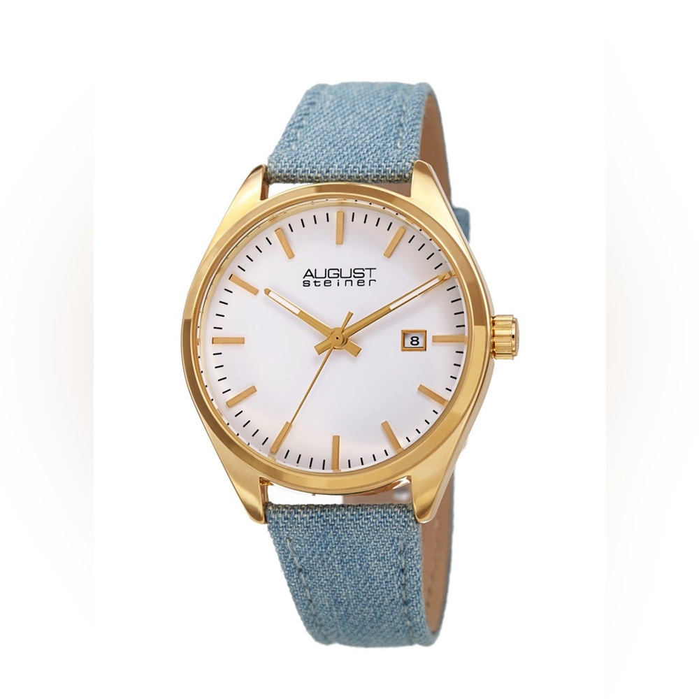 August Steiner Gold Case with Blue Denim Over Leather Strap Watch